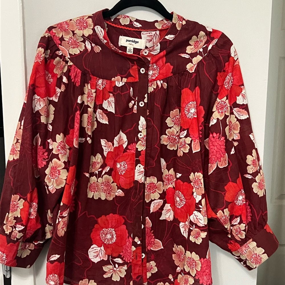 Anthropologie Red Buttoned Relaxed Blouse with Mandarin Collar